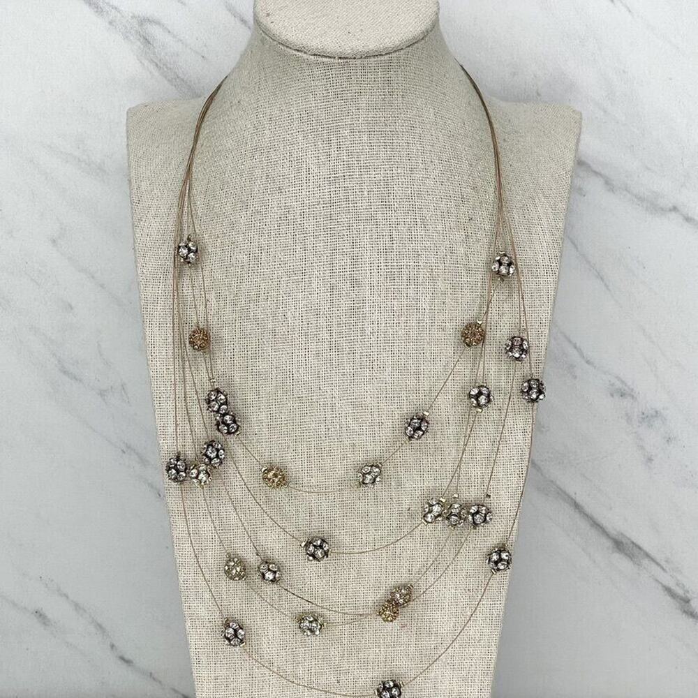 Chico's Gold Tone Multi Strand Wire Tiered Rhinestone Necklace